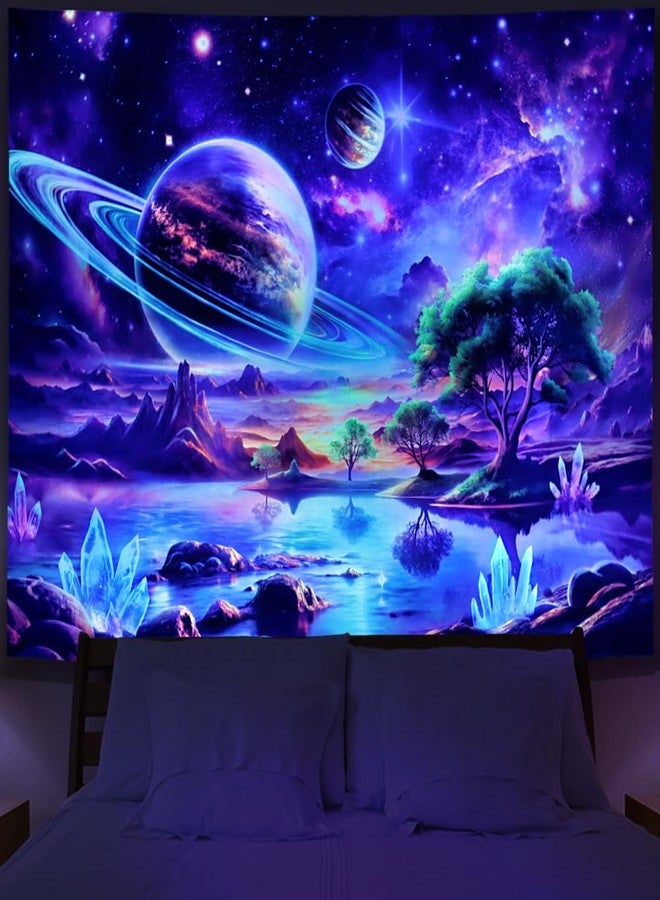 Lahasbja Blacklight Galaxy Space Tapestry UV Reactive Planet Wall Hanging Magical Trees Tapestries Cosmic Mountain Landscape Wall Decor Aesthetic Starry Night Backdrop for Bedroom - Image 3